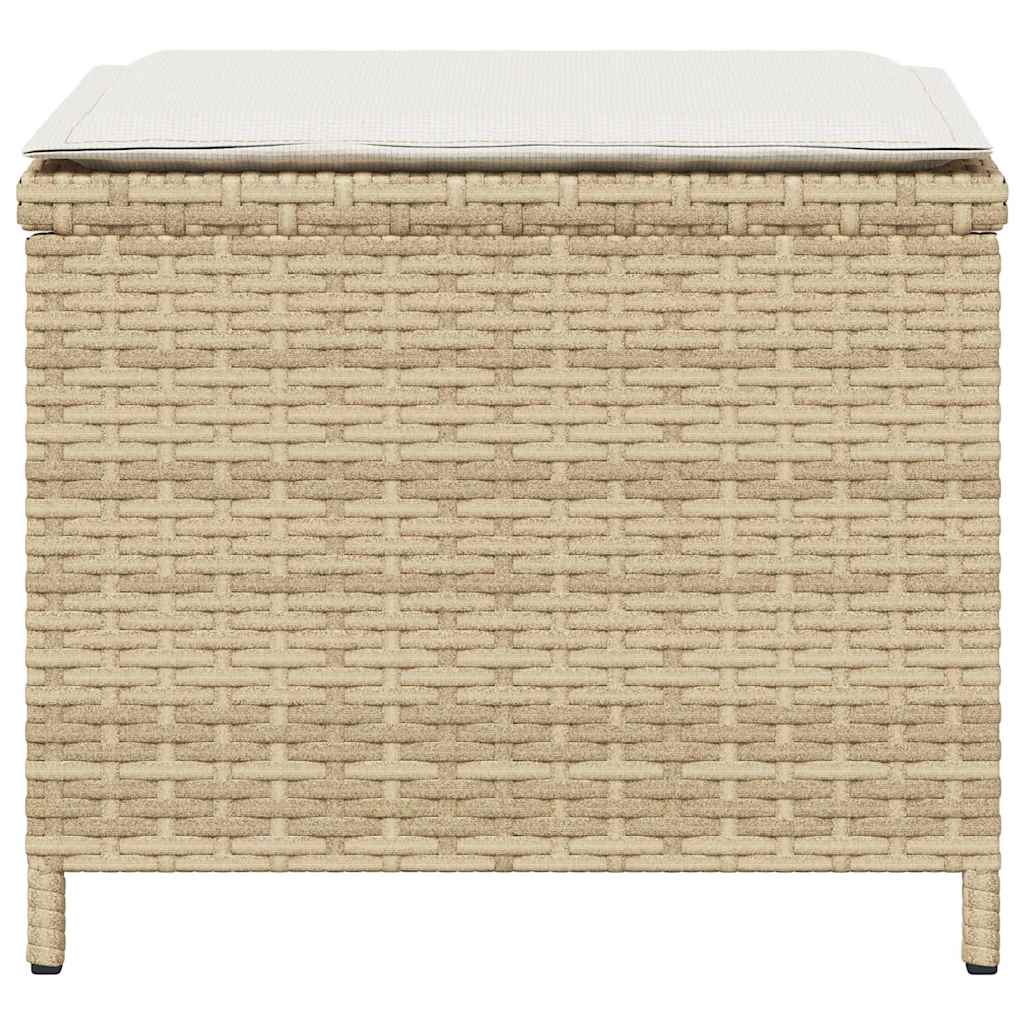 Side view of a beige poly rattan garden stool with a cushion on top