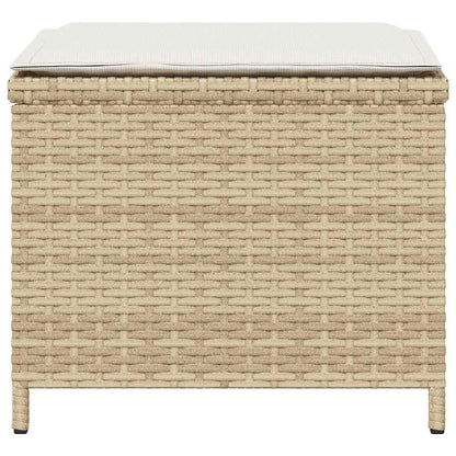 Side view of a beige poly rattan garden stool with a cushion on top