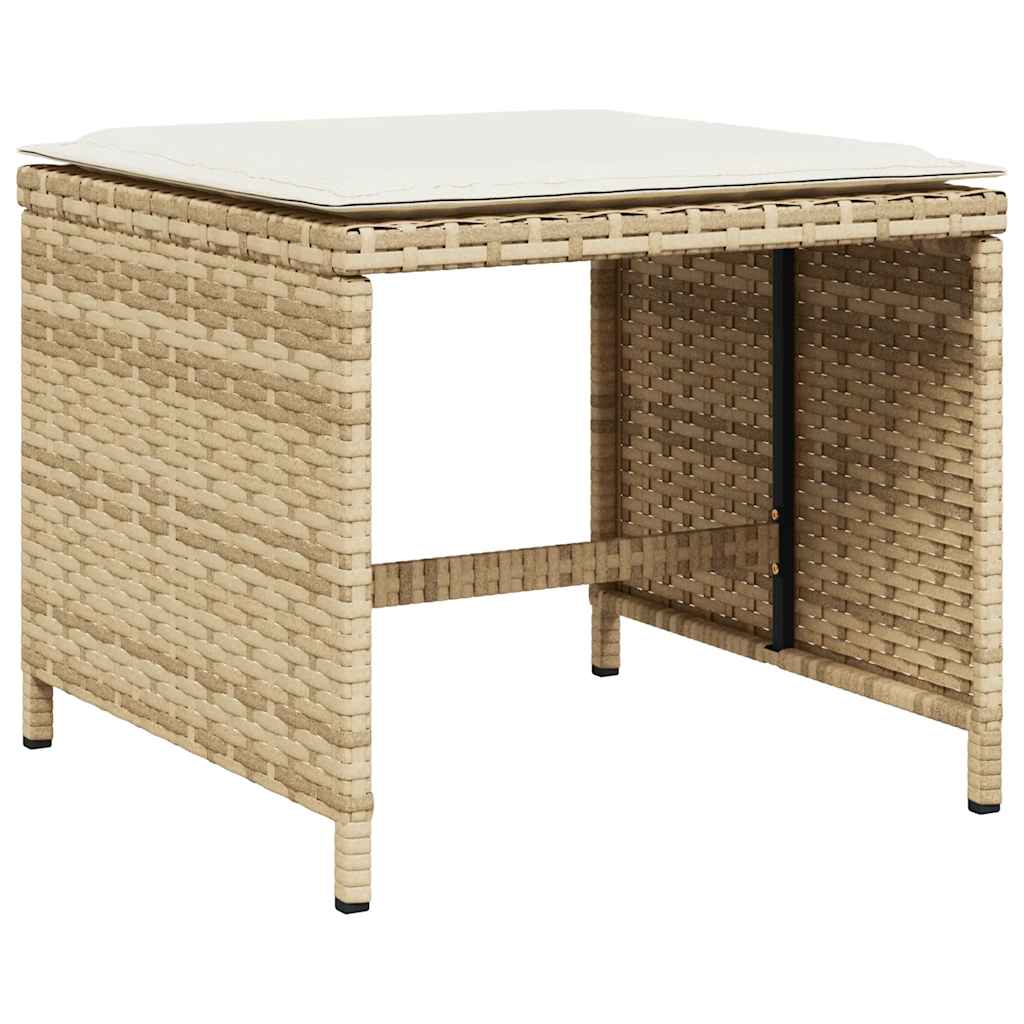 Close-up of the woven texture of a beige poly rattan garden stool with a cushion