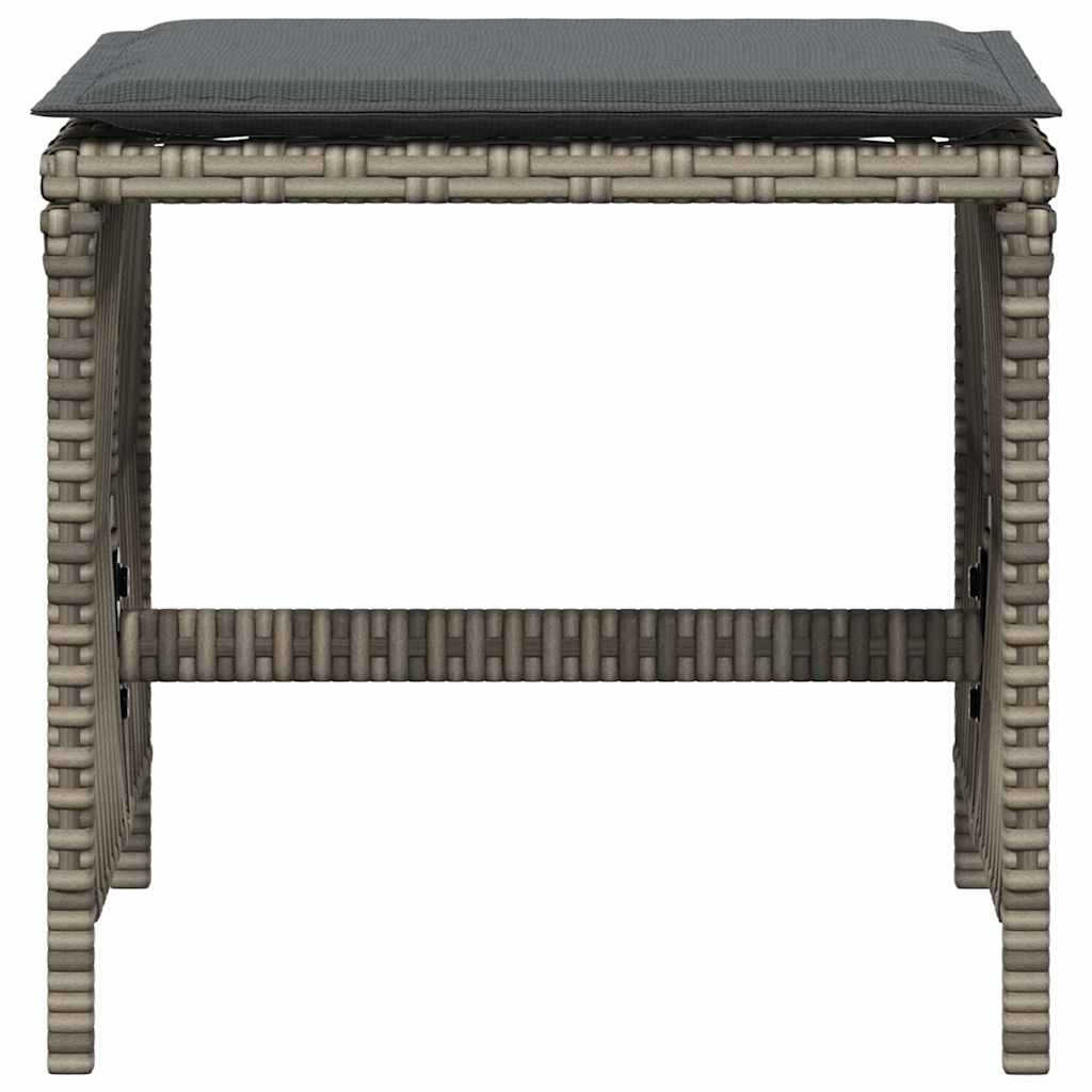 Front view of a grey poly rattan garden stool with a cushion on top