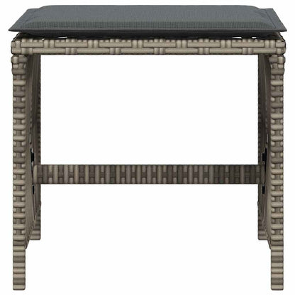 Front view of a grey poly rattan garden stool with a cushion on top