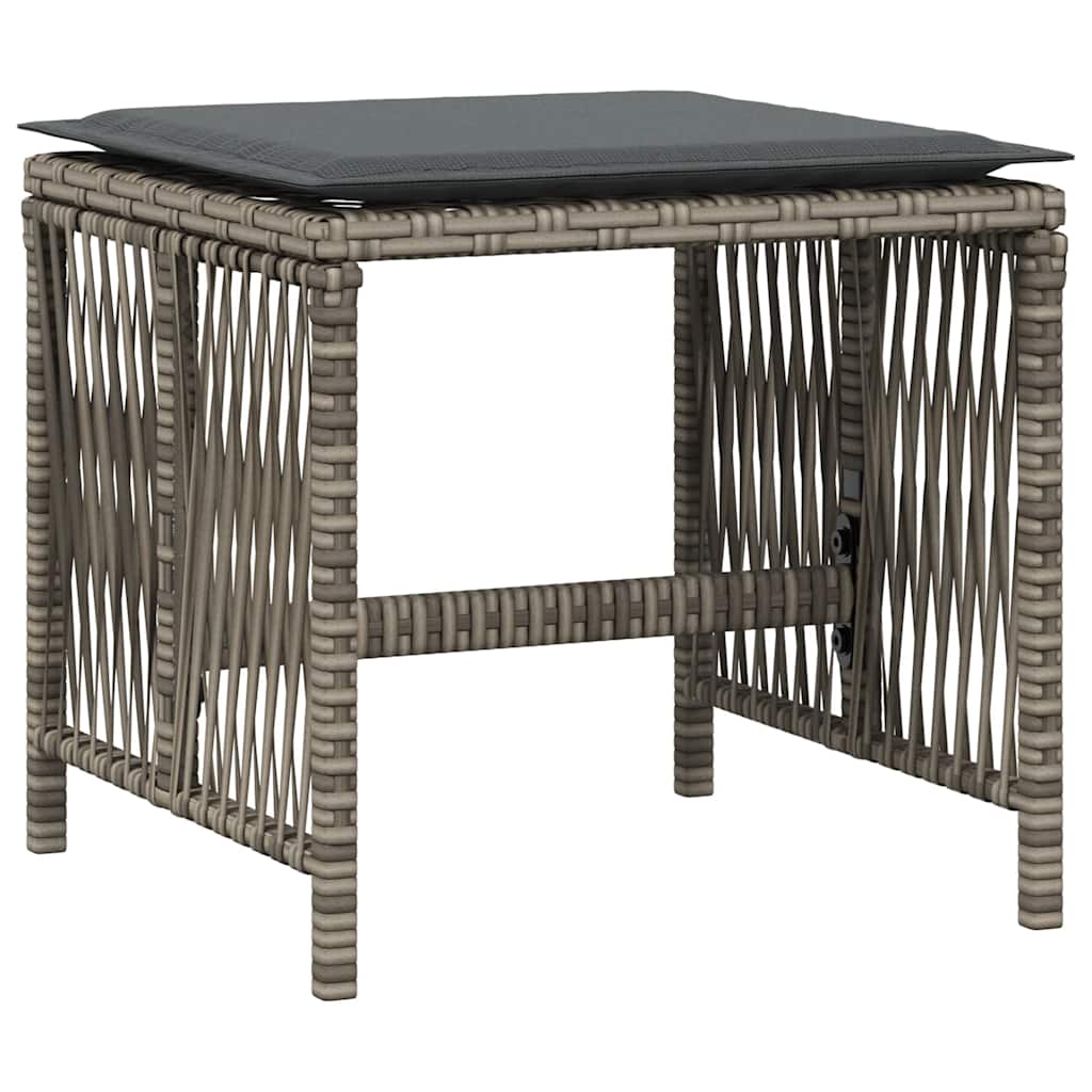A single grey poly rattan garden stool with a cushion, shown from the side