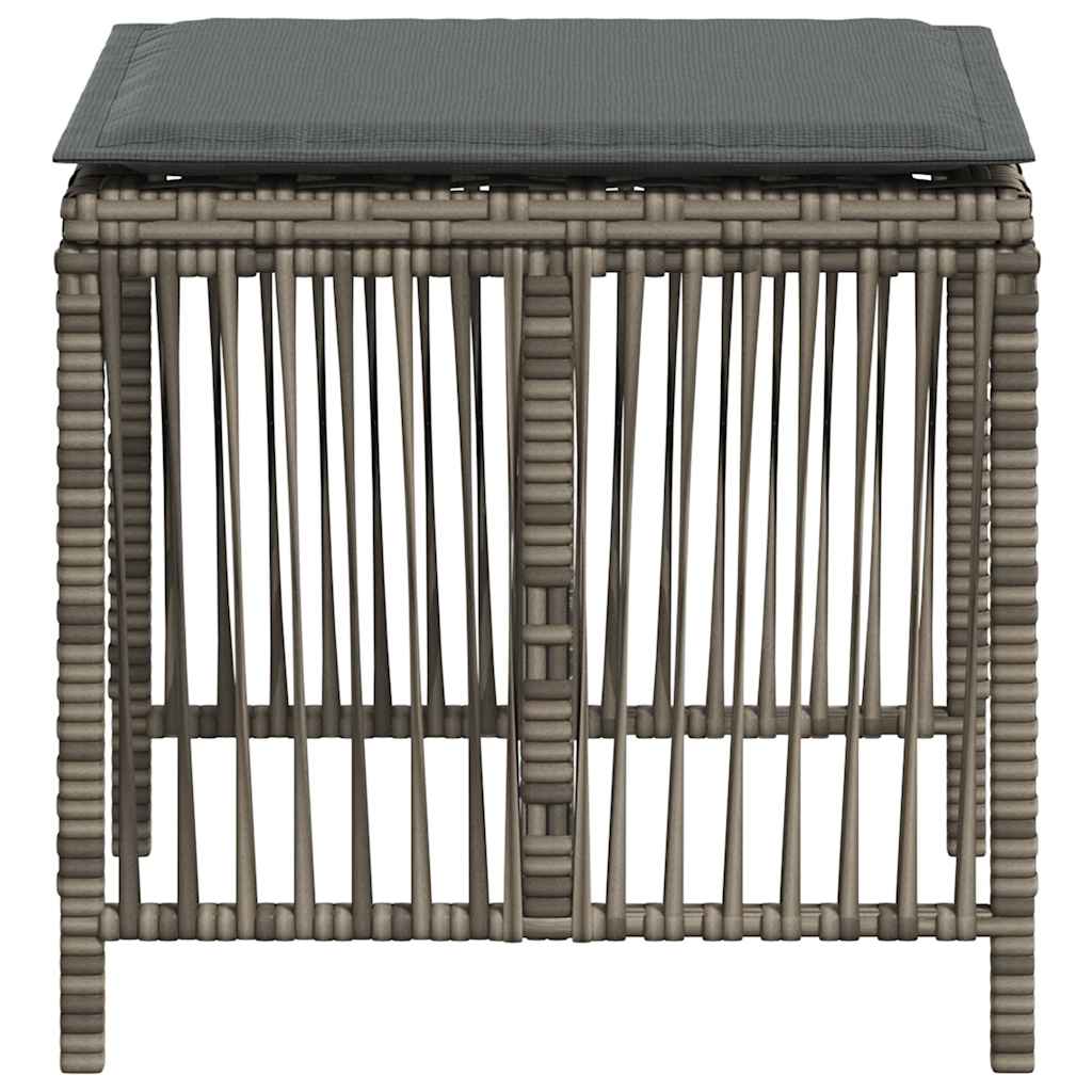 Close-up of the woven detail on a grey poly rattan garden stool with a cushion