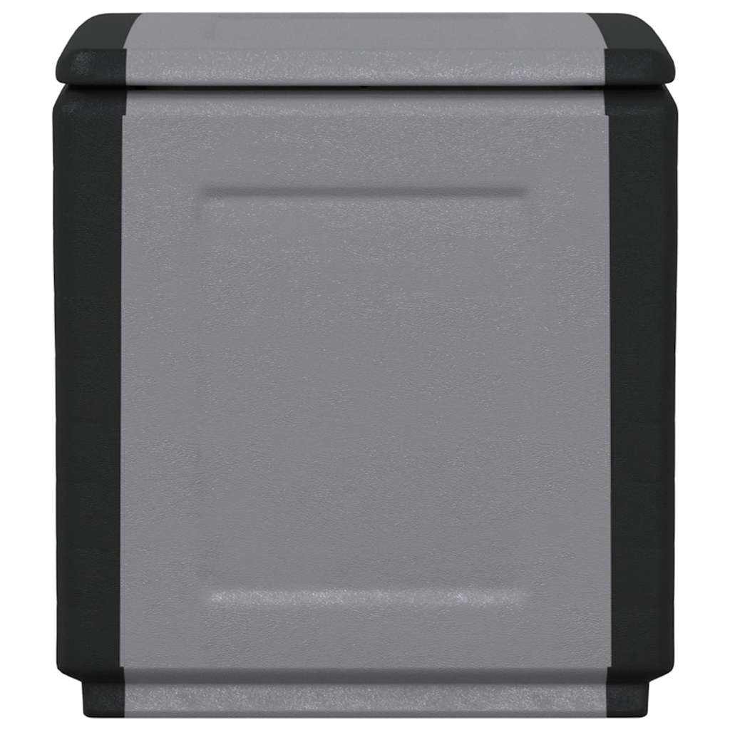 The outdoor storage box, showing the grey front panel and black trim detail