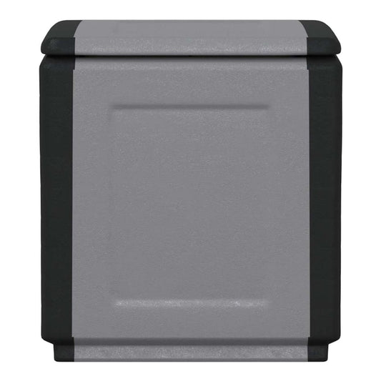 The outdoor storage box, showing the grey front panel and black trim detail