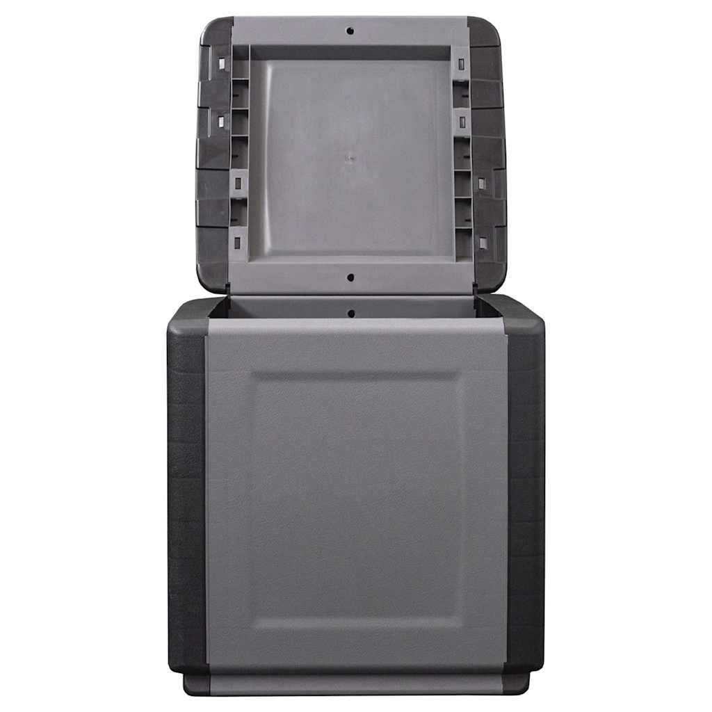 The garden storage box with its lid open, revealing the interior space