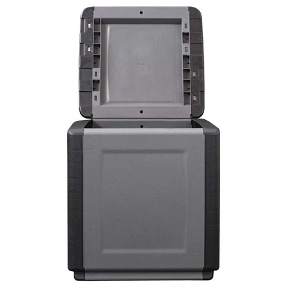 The garden storage box with its lid open, revealing the interior space