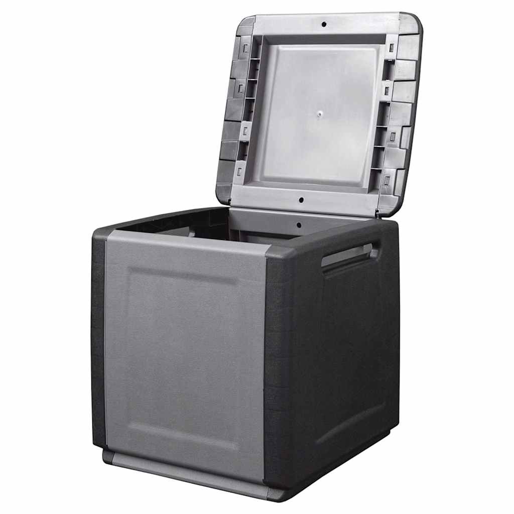 The open outdoor storage box, showing the inside compartment and the lid raised
