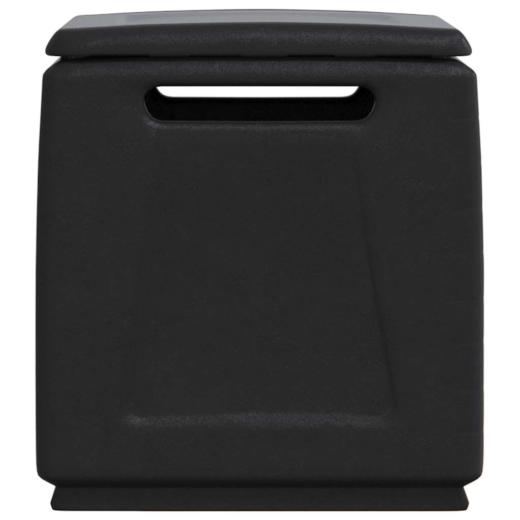 The dark grey and black garden storage box, viewed from the side with handles