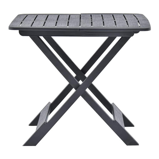 The anthracite garden table from a side angle, showing its slatted surface and folding legs