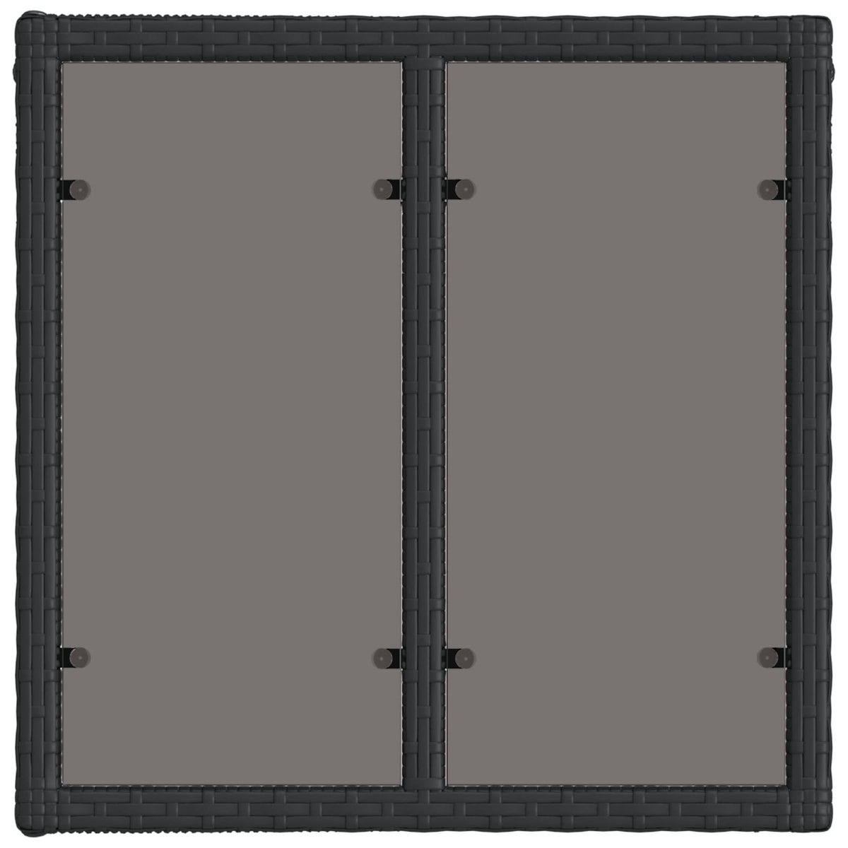 Top view of the black PE rattan garden table with glass panels