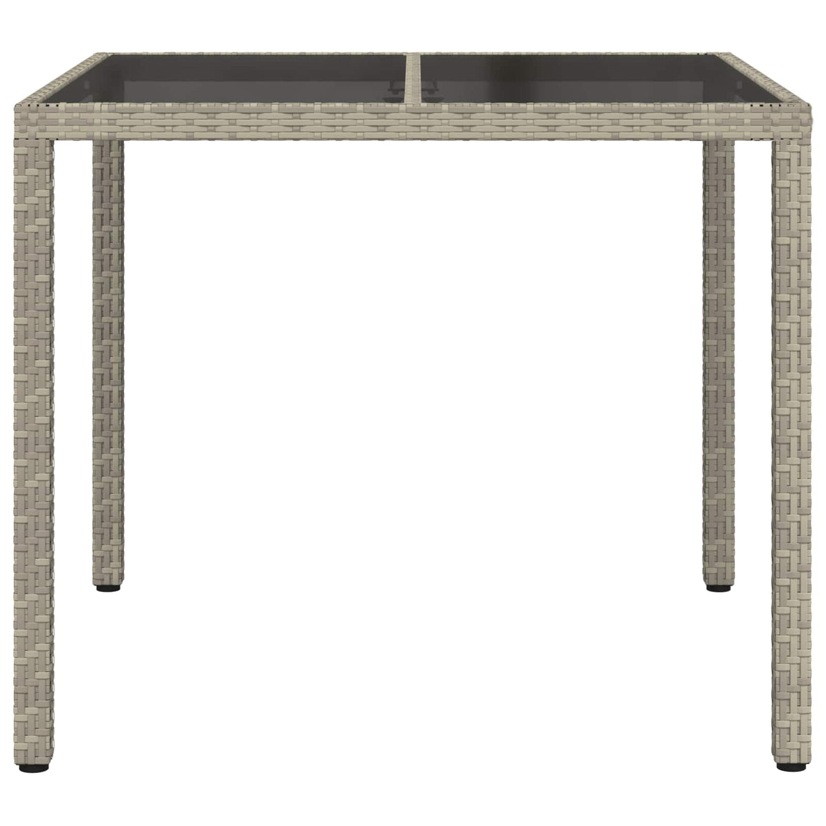 The outdoor table viewed from the front showing the four legs and flat tabletop surface