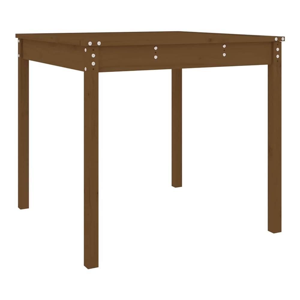 A square honey brown wooden garden table with four legs