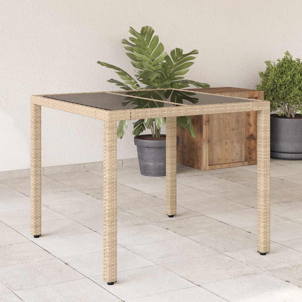 Garden Table with Glass Top 90x90x75 cm Poly Rattan Beige