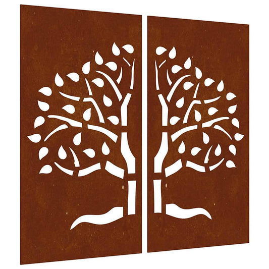 Two Corten steel panels with a tree design, showing the front of the artwork