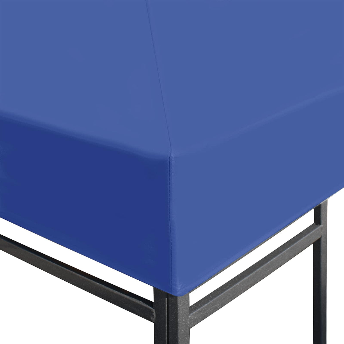 the gazebo top corner showing the blue fabric pulled over the dark metal frame