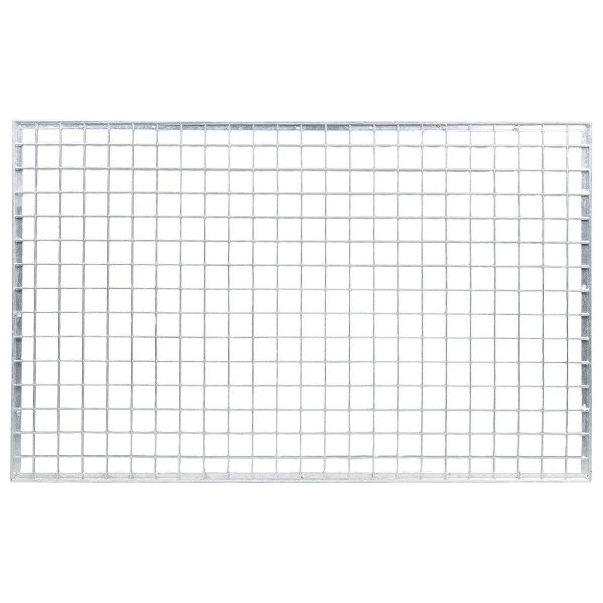 Close-up of a rectangular hot-dip galvanised steel grating on a white background
