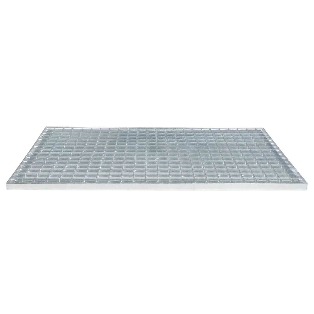 A hot-dip galvanised steel grating drain cover shown from a low angle on a white background