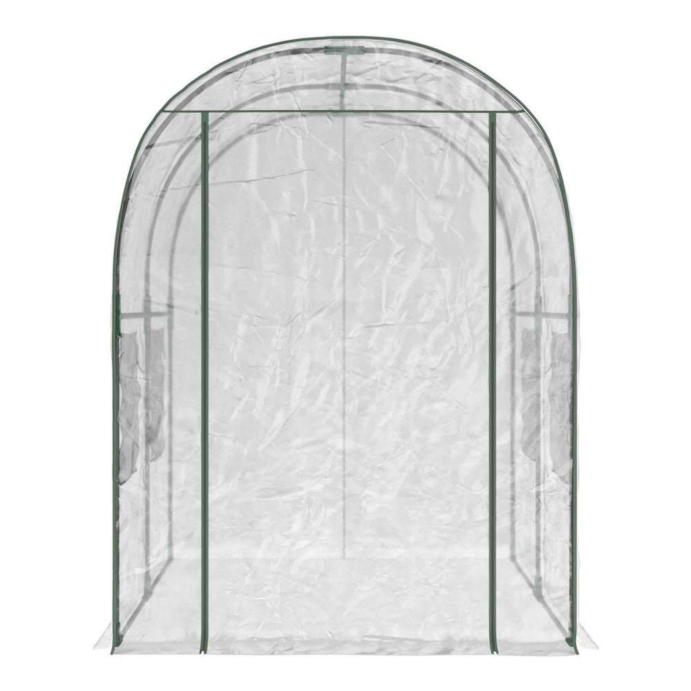 The entrance to the transparent PVC greenhouse, showing the zipped opening