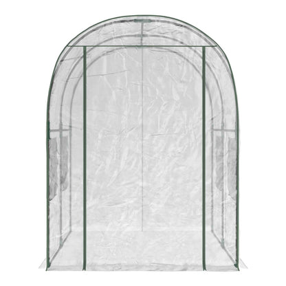The entrance to the transparent PVC greenhouse, showing the zipped opening