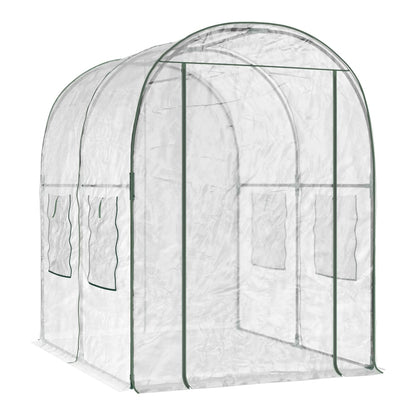 The transparent PVC greenhouse with a green frame, showing the arched roof and sides