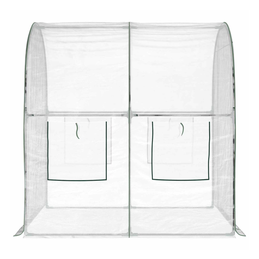 Inside the transparent PVC greenhouse, showing the frame structure and roll-up windows