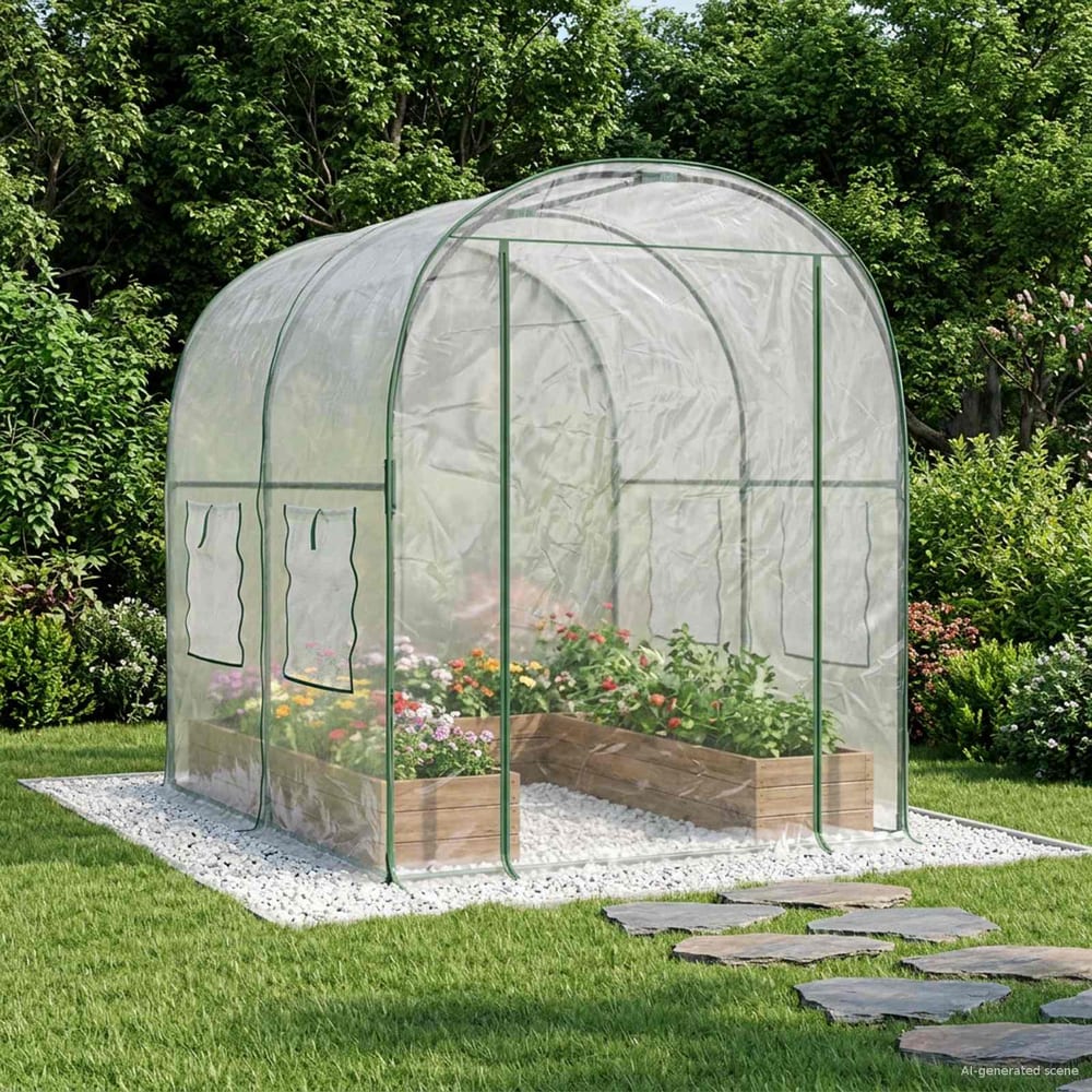 vidaXL Greenhouse with Frame PVC Transparent set up with raised beds inside and flowers growing