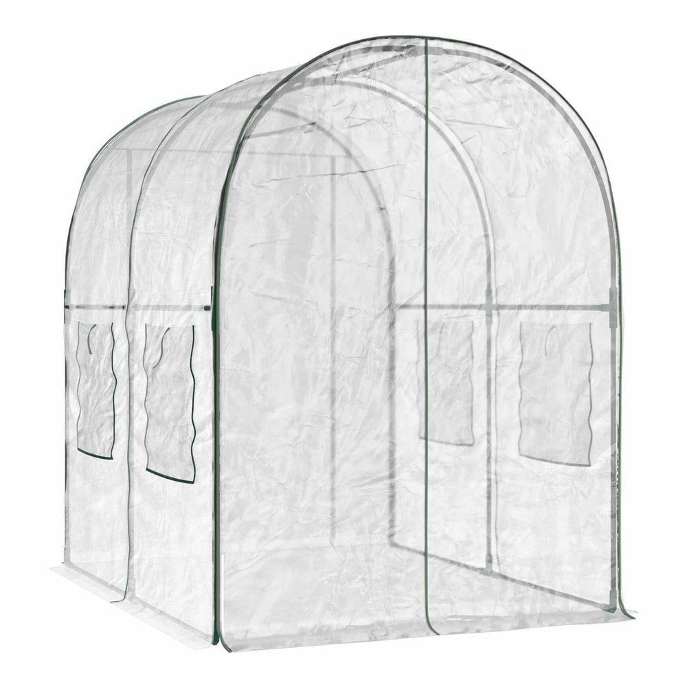 A side view of the transparent PVC greenhouse with a green frame, showing its tunnel shape