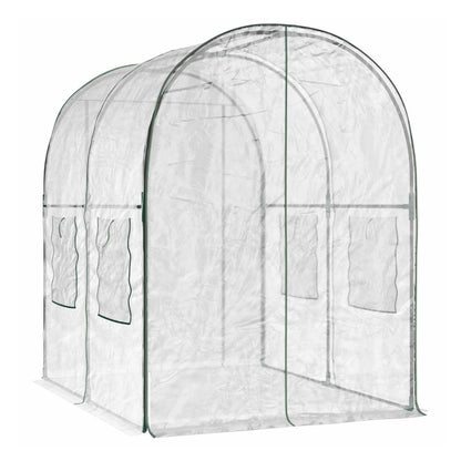A side view of the transparent PVC greenhouse with a green frame, showing its tunnel shape