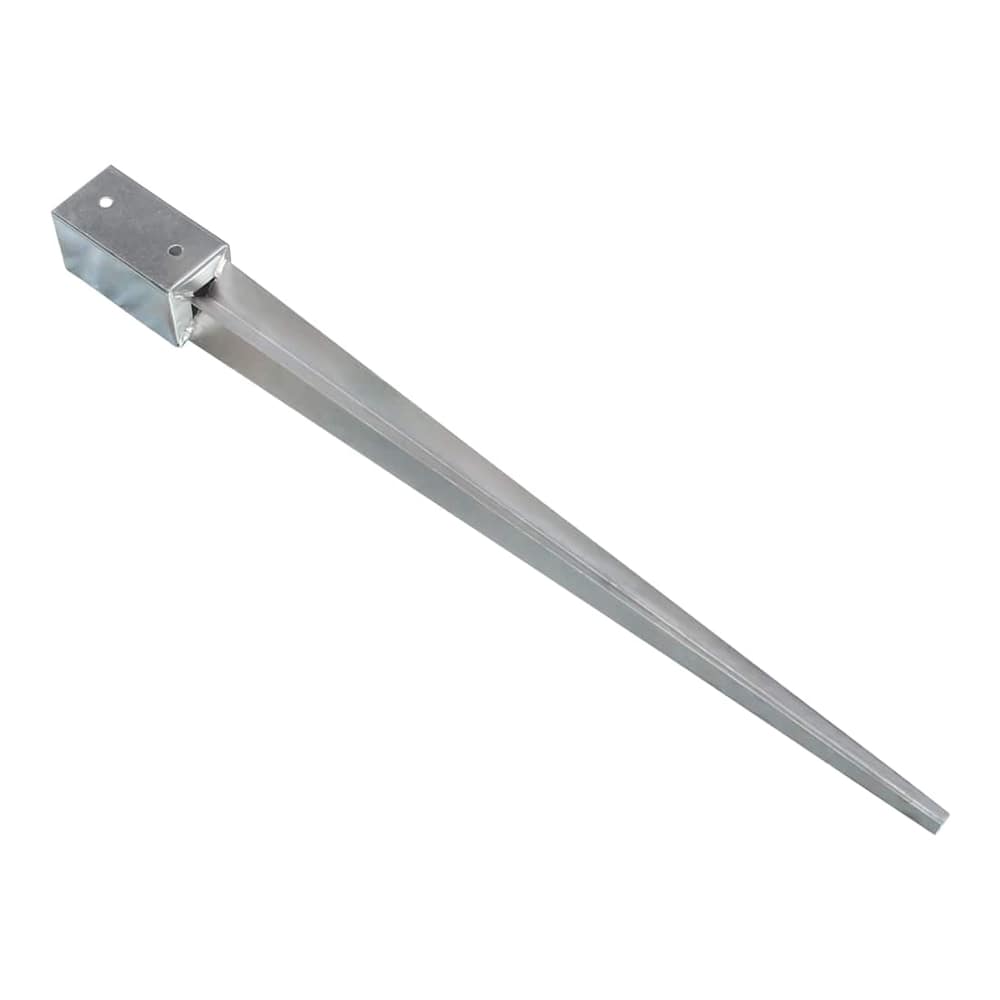 A single galvanised steel ground spike angled to show its pointed end and fixing plate