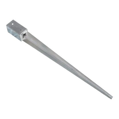 A single galvanised steel ground spike angled to show its pointed end and fixing plate