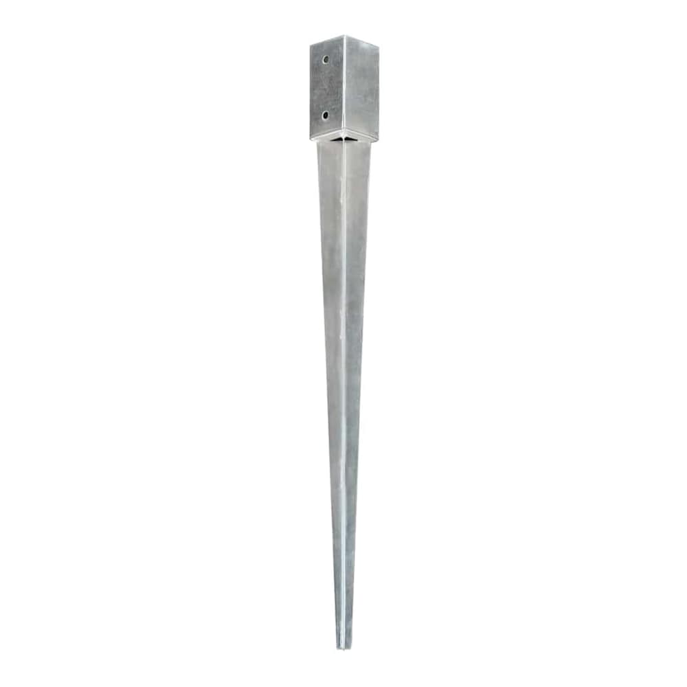 A single galvanised steel ground spike with a pointed end and a square top fixing plate