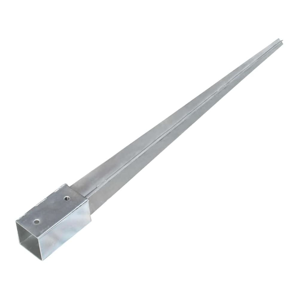 A galvanised steel ground spike lying on its side showing the pointed end and square top