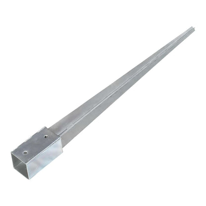 A galvanised steel ground spike lying on its side showing the pointed end and square top