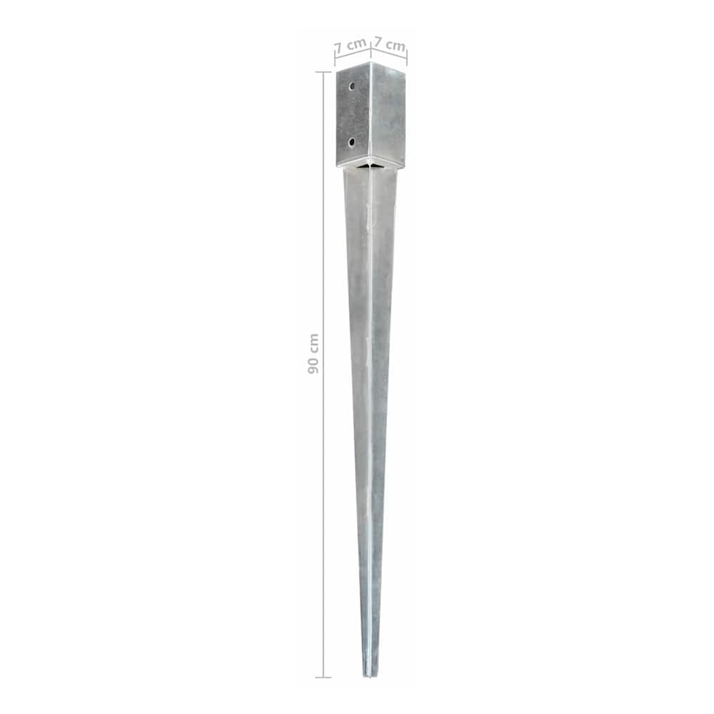 A single galvanised steel ground spike with dimensions indicated for height and width