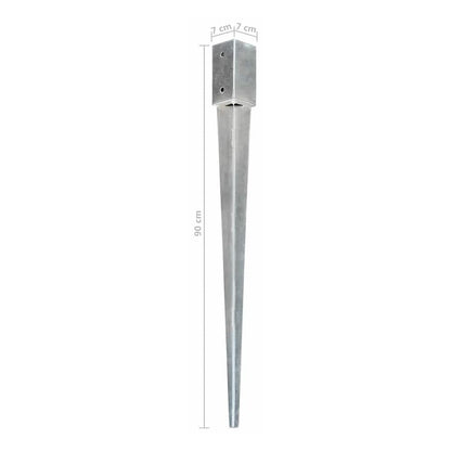 A single galvanised steel ground spike with dimensions indicated for height and width