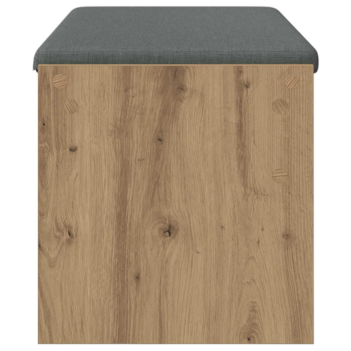 Close up of the oak effect wood grain on the side of the storage and entryway bench