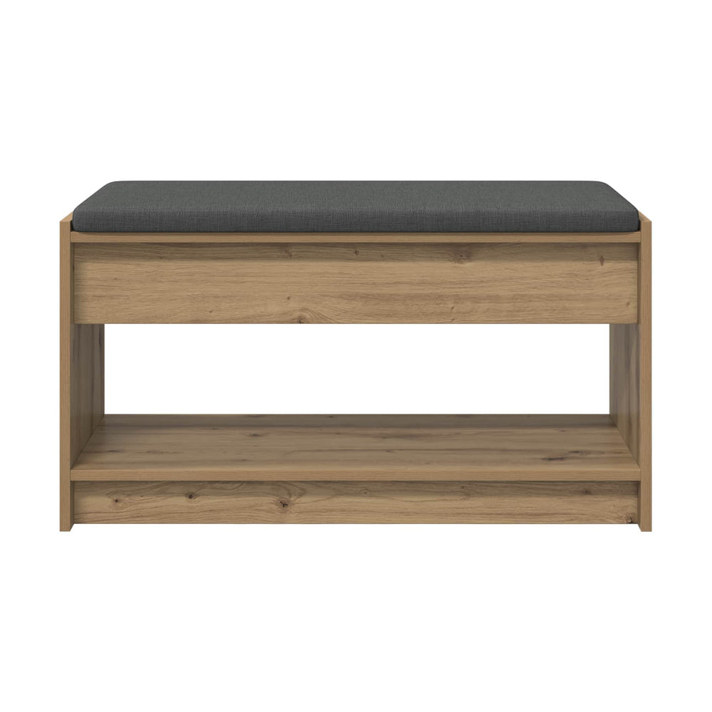 storage bench with grey seat and artisan oak finish, front view