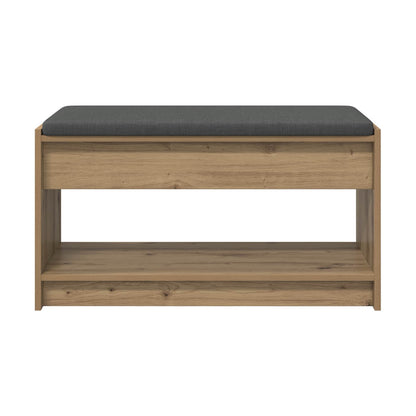 storage bench with grey seat and artisan oak finish, front view