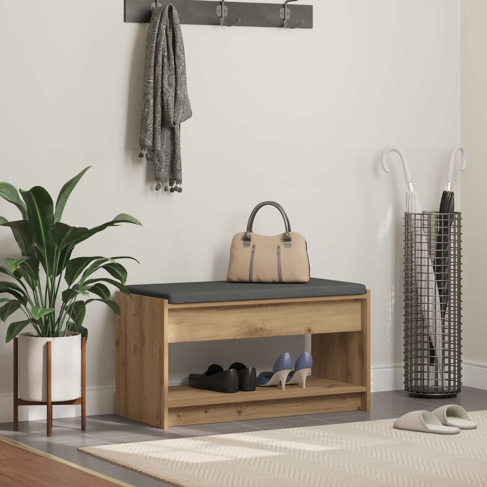 vidaXL Hall Bench Artisan Oak storage bench with a grey upholstered seat and two open shelves below