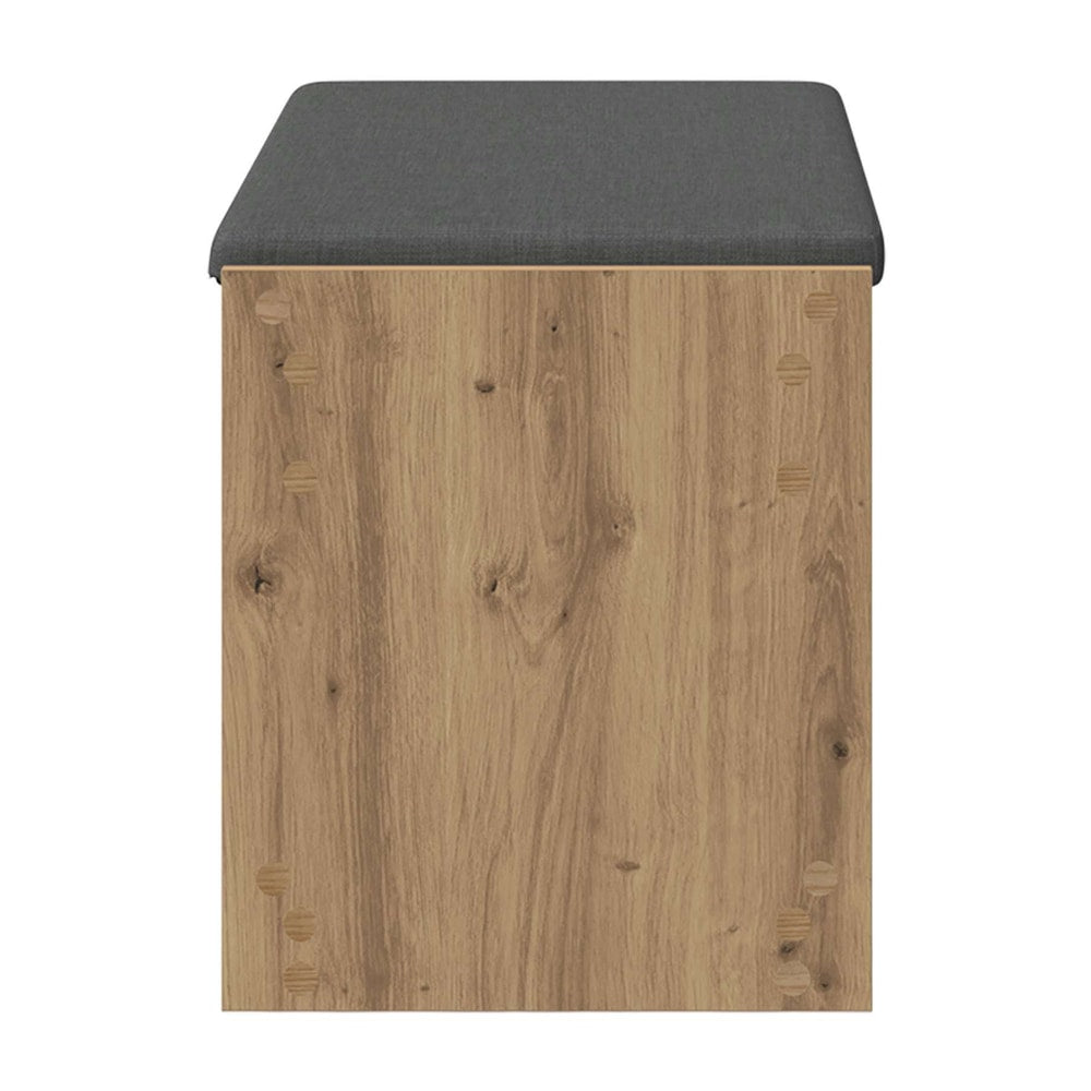 side view of the storage bench with artisan oak finish