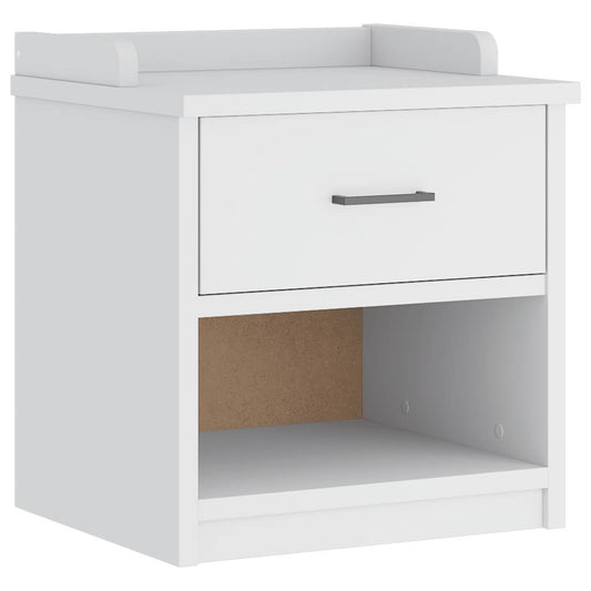 White hallway bench with a single drawer and an open shelf