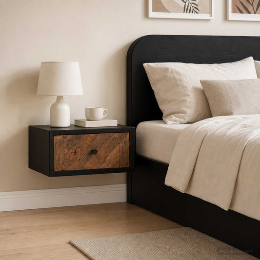 vidaXL Handmade Bedside Cabinet Natural with a wooden drawer front and black frame, mounted on a wall
