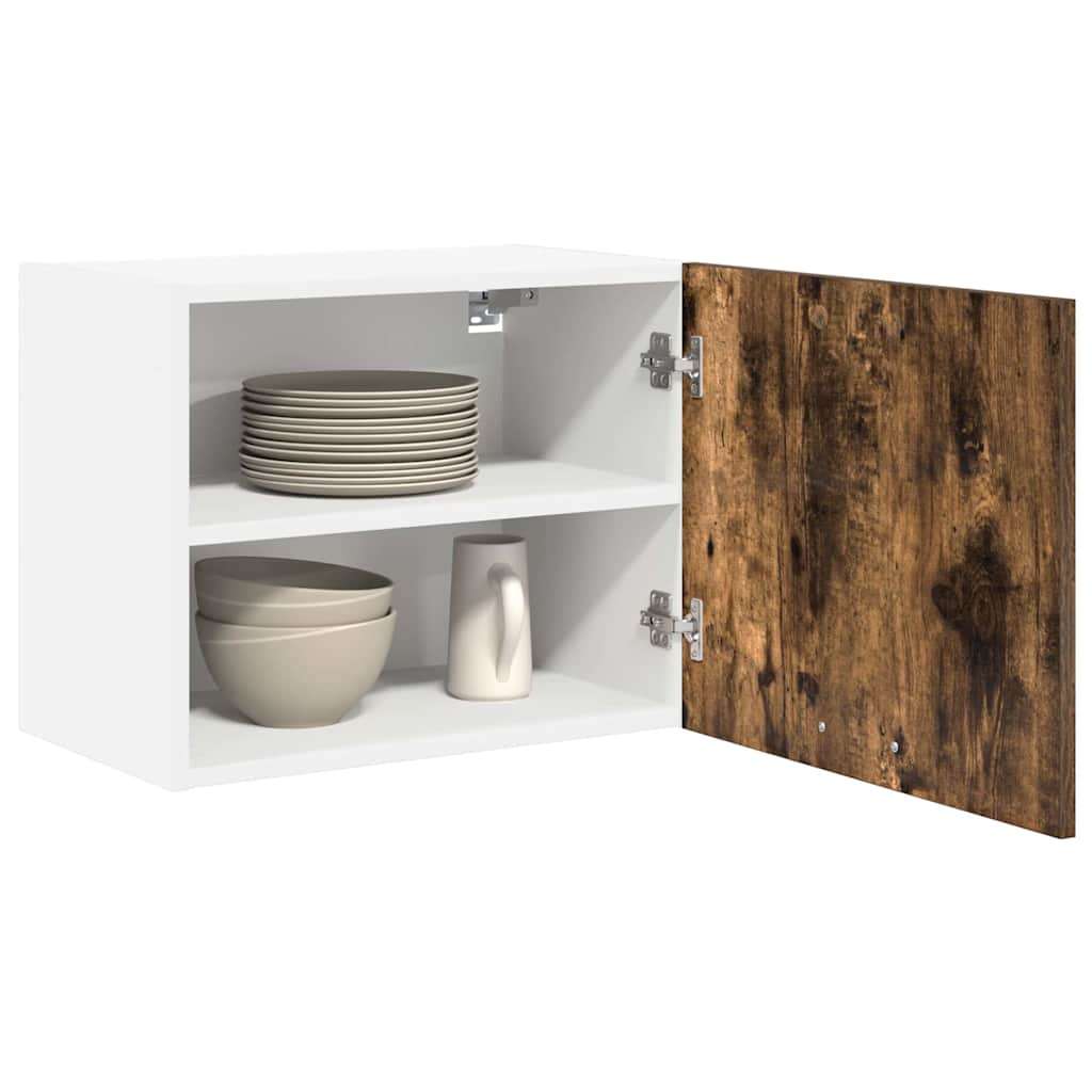 Open hanging kitchen cabinet showing two shelves and crockery inside