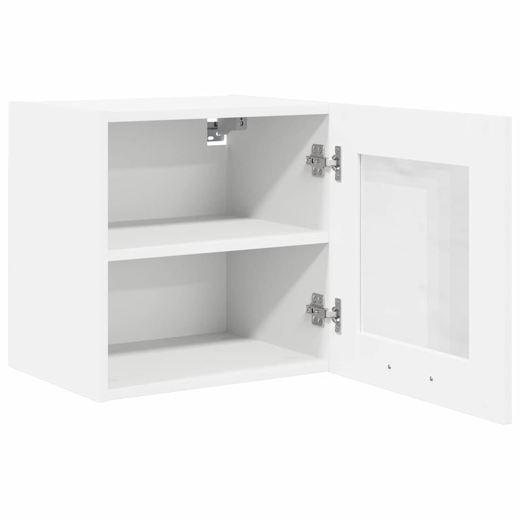 The kitchen cabinet with the glass door open to reveal the internal storage shelf