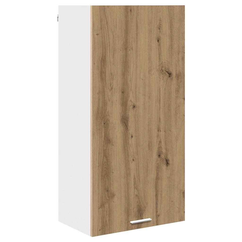 The kitchen cabinet showing one side in white and the front in artisan oak wood effect