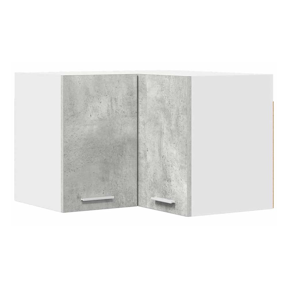 Corner kitchen cabinet with concrete grey doors and white sides, doors closed