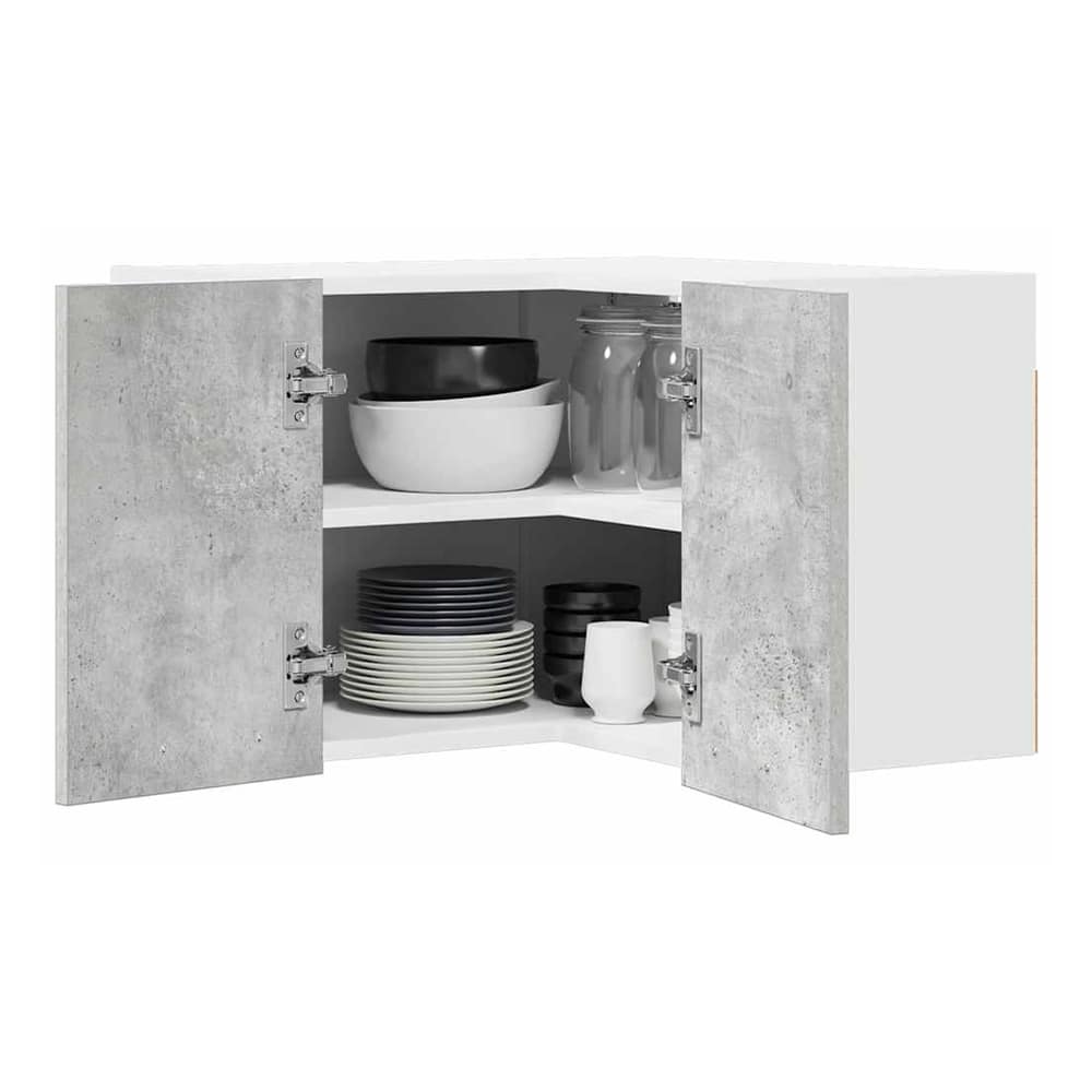 Corner kitchen cabinet with doors open showing stacked plates and jars on shelves