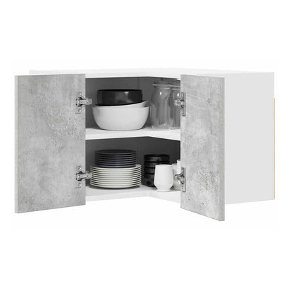 Corner kitchen cabinet with doors open showing stacked plates and jars on shelves