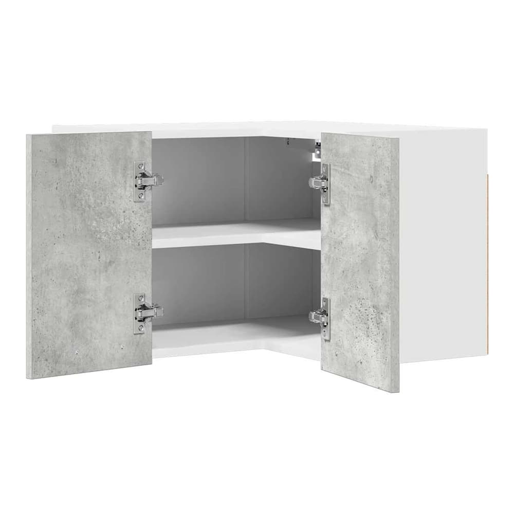 Corner kitchen cabinet with doors open showing two empty shelves